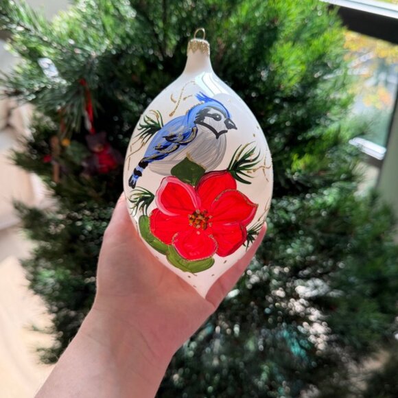 Large Hand-Painted Glass Christmas Ornament Blue Jay Poinsettia White Teardrop - Picture 5 of 7